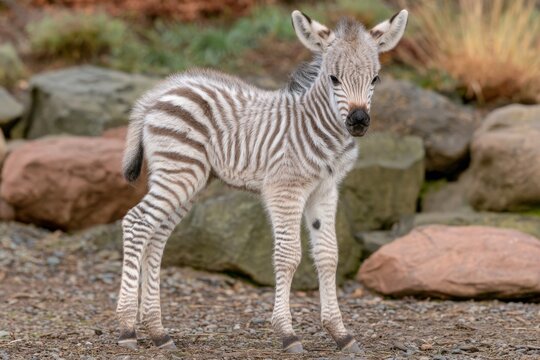 Zebra Foal Standing Beside Rocks
