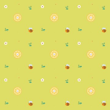 Cute Bee and Lemon Slice Seamless Pattern on Green Background