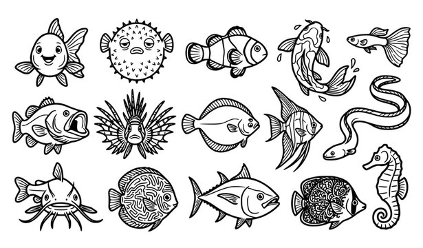 Cute black and white fish outline vector collection with playful aquatic animal illustrations