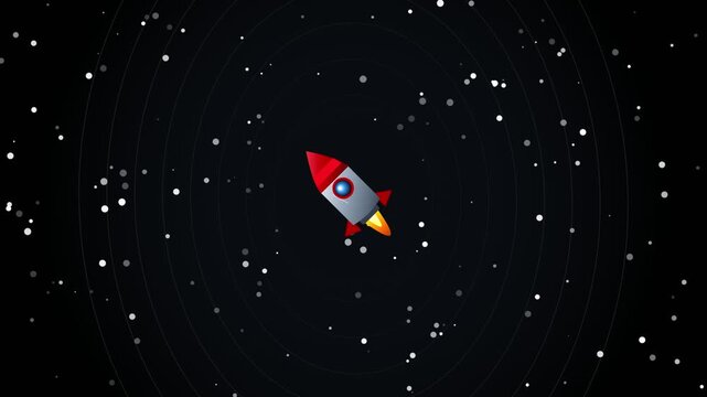 Cartoon rocket flying through space surrounded by stars and orbiting lines in a dynamic motion graphic background.