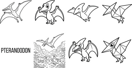 Black and White Pteranodon Dinosaur Vector Set Featuring Flying Reptiles, Prehistoric Landscapes, Cute Characters, and Origami Polygon Designs for Coloring Pages © Mustak