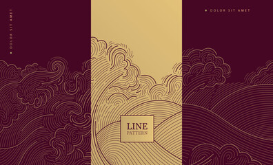Obraz premium Elegant Chinese pattern with golden line clouds on burgundy, waves, oriental ornament on red background. Vector certificates, awards, wine labels, folders, envelopes, invitations.