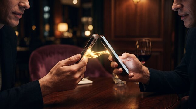 Two men transferring money via smartphones with glowing golden light stream in an upscale dark restaurant