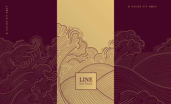 Elegant Chinese pattern with golden line clouds on burgundy, waves, oriental ornament on red background. Vector certificates, awards, wine labels, folders, envelopes, invitations.