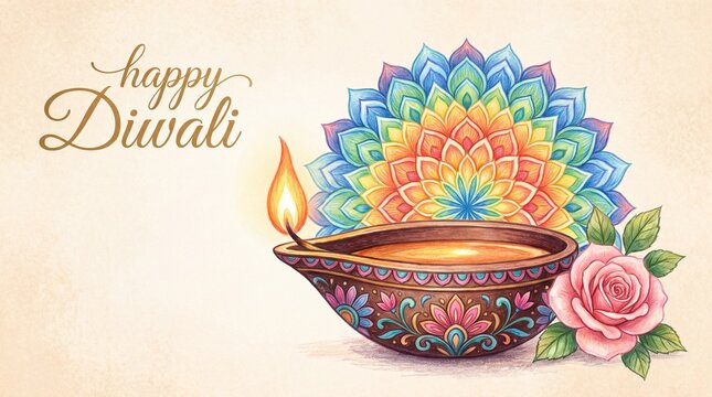 Happy Diwali Vector Illustration Featuring a Vibrant Design Template with a Decorative Lamp, Golden Lights, and a Colorful Mandala Background, Perfect ... See More