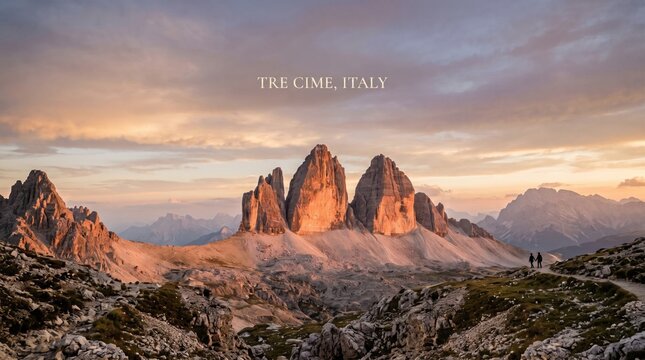 Epic cinematic landscape of Tre Cime di Lavaredo peaks in Italy with tiny couple silhouette at sunset featuring peach clouds and sophisticated modern serif typography

