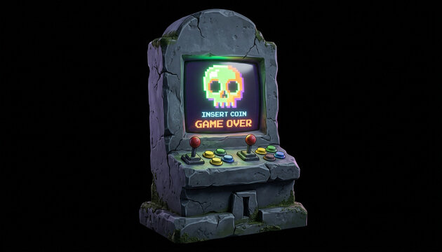 3D illustration of a spooky cracked tombstone modified into a retro arcade machine with a glowing pixel art skull and game over text on screen, dark Halloween gaming concept