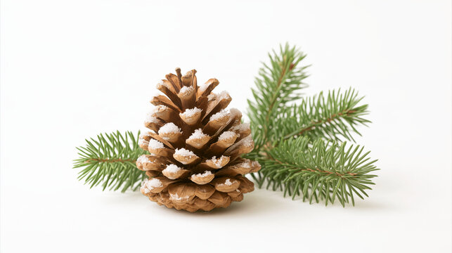 Snowy Pine Cone with Evergreen Branches for Winter
