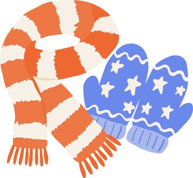 Cute hand drawn doodle illustration of striped winter scarf and blue mittens set