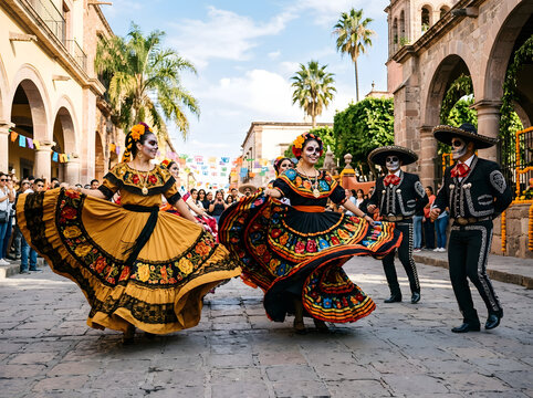 People in colorful traditional clothes and skull makeup dancing in the street during a mexican day of the dead celebration in a city