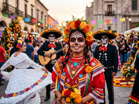 Woman in traditional dress with skull makeup celebrating dia de los muertos during a festival in a city street with mariachi band