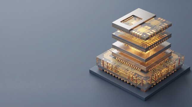 Heterogeneous 3D Chiplet Module with Golden Circuitry with copy space 3D illustration