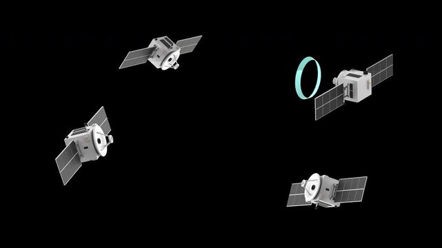 Four artificial satellites send signals to each other in turn, 3d render with alpha channel