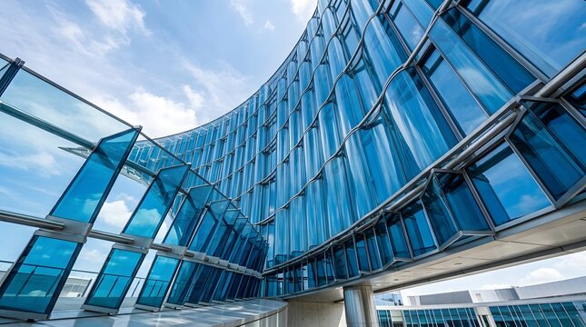 Modern blue glass office building exterior with a curved facade and sky reflection on a sunny day