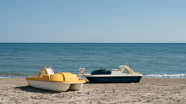 Yellow and blue pedal boats resting on a sandy beach by the ocean