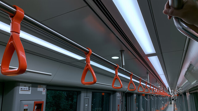 Orange hand straps hanging from a rail inside a modern metro train car