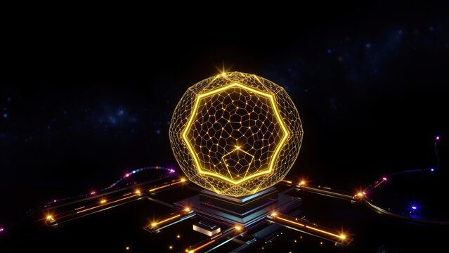 Glowing polygonal sphere dominates dark scene. Futuristic city lights surround base. Abstract geometric design, digital rendering.