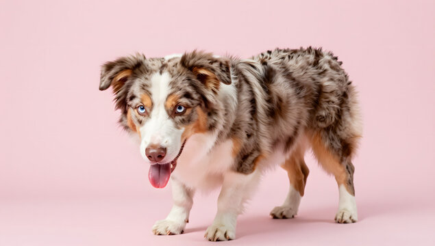 Australian Shepherd Puppy Portrait: A vibrant Australian Shepherd puppy with striking blue eyes and a merle coat stands attentively, its tongue playfully peeking out.