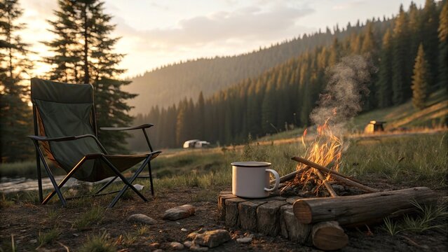 Outdoor camping scene featuring a steaming enamel coffee mug resting on a wooden log, surrounded by forest scenery and warm early morning sunlight.