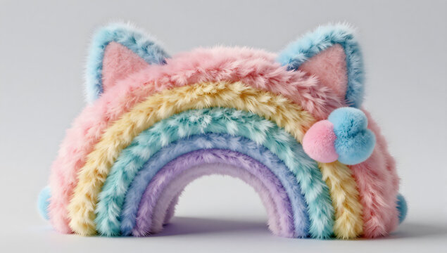 Fluffy Rainbow Cat Pillow: A whimsical, rainbow-shaped pillow with cat ears, crafted from soft, pastel-colored fuzzy material, brings a touch of playful charm and comfort.