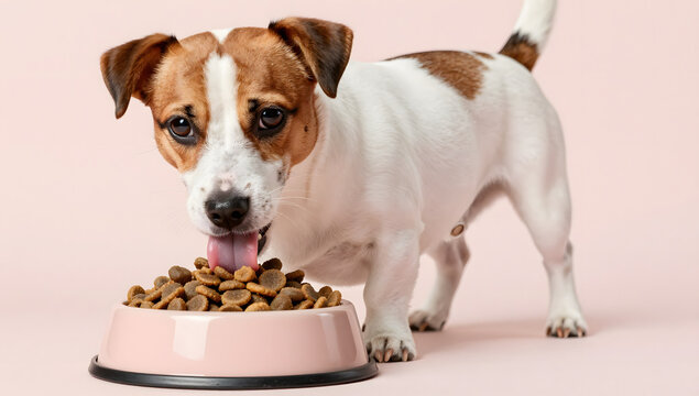 Jack Russell Terrier Enjoying a Meal: A charming Jack Russell Terrier with a spotted coat and alert expression enthusiastically eats from a pink bowl filled with kibble.
