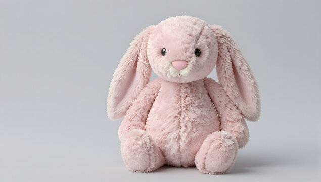 Soft Pink Bunny Toy: A fluffy, pastel pink bunny plush toy sits with its long ears dangling, a symbol of childhood innocence and comfort.