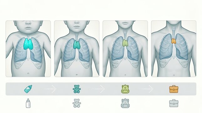 Thymus gland development and involution from infancy to adulthood.