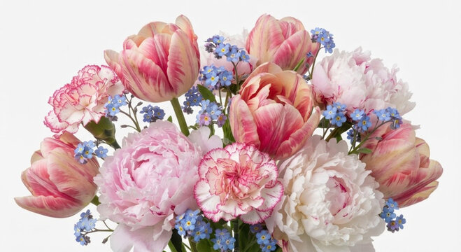 &Uuml;ppiger Fr&uuml;hlingstraum: Bouquet aus Pfingstrosen, gestreiften Tulpen, Nelken und Vergissmeinnicht