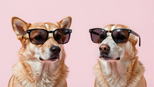 Cool Canine Companions: Two adorable dogs sport stylish sunglasses, striking a pose with a playful and trendy vibe against a soft pink backdrop.