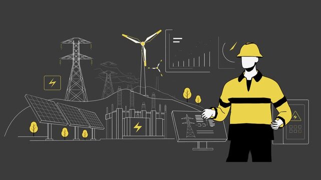 Renewable Energy Infrastructure with Worker, Solar Panels, Wind Turbines, Power Lines and Clean Energy Technology
