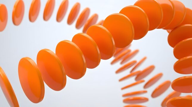 Abstract spiral shape made of many orange 3d circles arranged in a twisting helix pattern for modern graphic design background