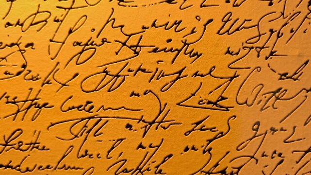 Abstract closeup of vintage cursive handwriting in black ink on a warm yellow textured paper background for creative design projects.