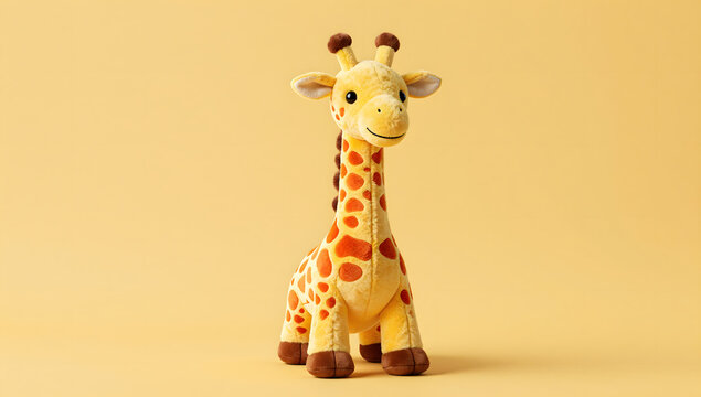 Plush Giraffe Toy: A cute and cuddly plush giraffe toy, featuring distinctive spots and a friendly smile, sits centered on a warm, soft yellow background, inviting play and imagination.