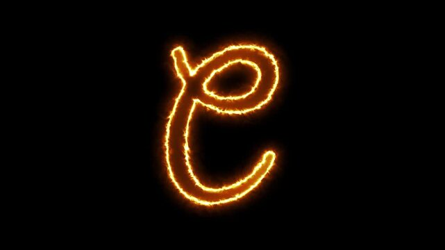 Glowing fire letter e animation, burning alphabet character on black background, flame