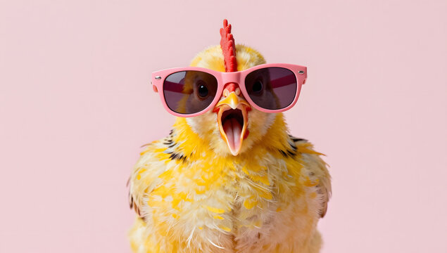 Cool Chick Vibes: A fluffy yellow chick wearing pink sunglasses, exuding a carefree and trendy attitude with its beak open in a cheerful chirp.
