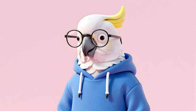 Smart Cockatoo with Glasses: A charming cockatoo bird, adorned with spectacles and a blue hoodie, poses with a quirky, intelligent demeanor against a soft pink backdrop.