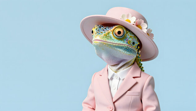 Dapper Chameleon in Hat: A meticulously dressed chameleon, adorned with a stylish pink hat and a tailored pink suit, stands poised with a distinguished gaze.