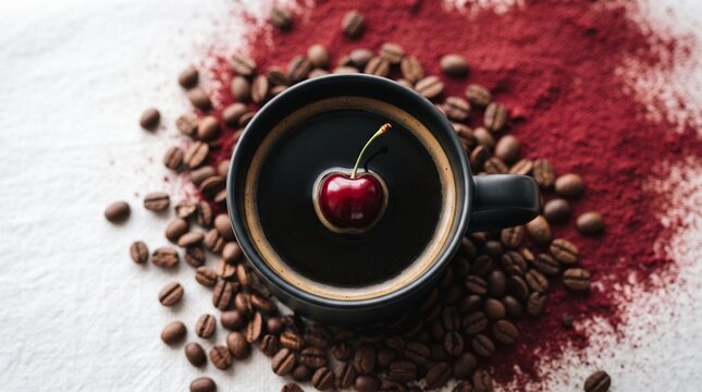 Black coffee cup with a fresh cherry and roasted beans on white background
