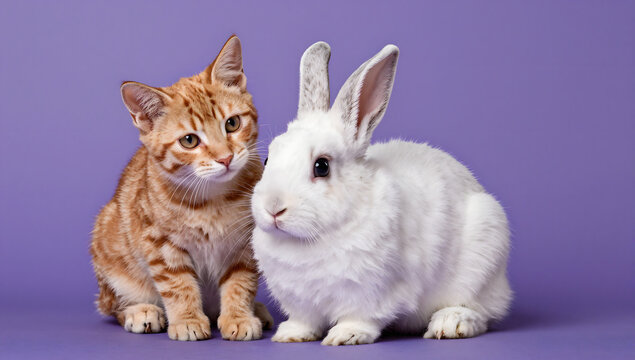 Unlikely Companions: A ginger kitten and a white rabbit sit side-by-side, showcasing an unexpected friendship against a soft lilac background.