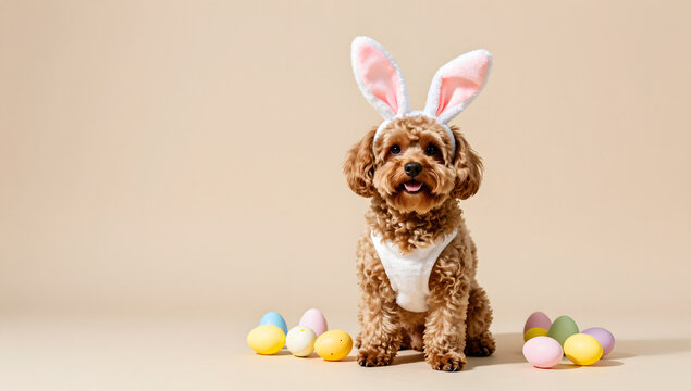 Easter Bunny Dog: A fluffy poodle adorned with bunny ears sits amongst colorful Easter eggs, embodying the playful spirit of the holiday.