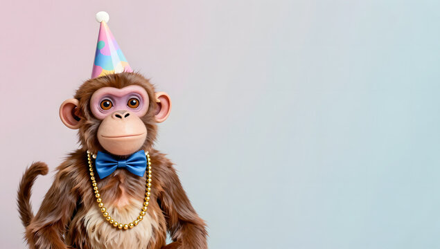Party Monkey Adorned: A charming monkey wears a festive party hat, a blue bow tie, and a bead necklace, looking directly at the camera with a playful expression.