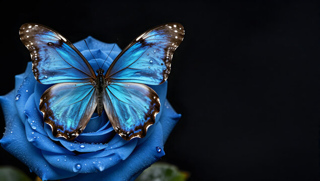 Blue Butterfly on a Sapphire Rose: A striking blue butterfly rests delicately on a deep blue rose, its intricate wing patterns a mesmerizing display against the dark, velvety petals.