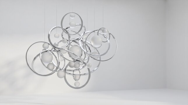 modern chandelier contemporary lighting suspended fixture ceiling light hanging lamp designer lighting silver finish metallic structure polished metal sphere design globe lights