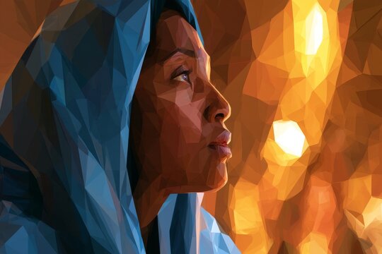 Woman in a Blue Veil Looking Toward Warm Light