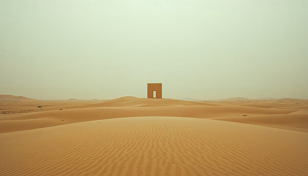 Minimalist desert monolithic gateway smooth sand dunes