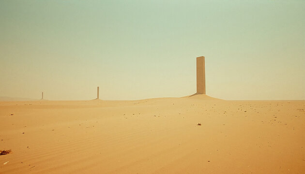 Monolithic desert pillars rippled sand dune landscape