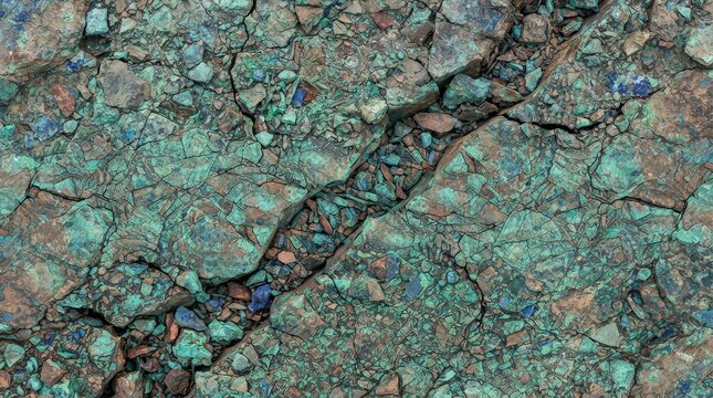Cracked stone surface with green and blue mineral deposits