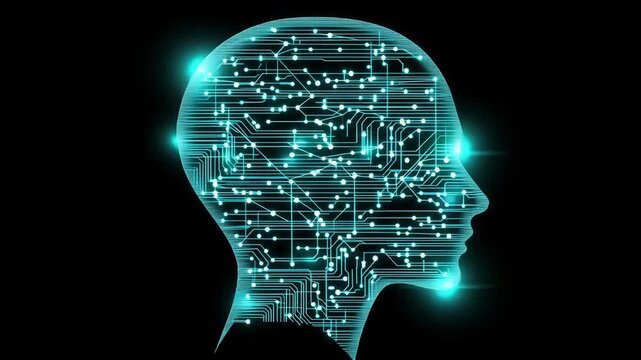 A human head silhouette shows circuit lines and dots highlighting the blend of ai technology and the human mind