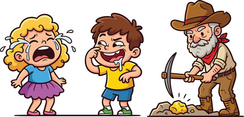 Obraz premium Colorful Cartoon Character Vector Illustration Set Featuring a Crying Little Girl a Naughty Teasing Boy and an Old Gold Miner Prospector with Pickaxe