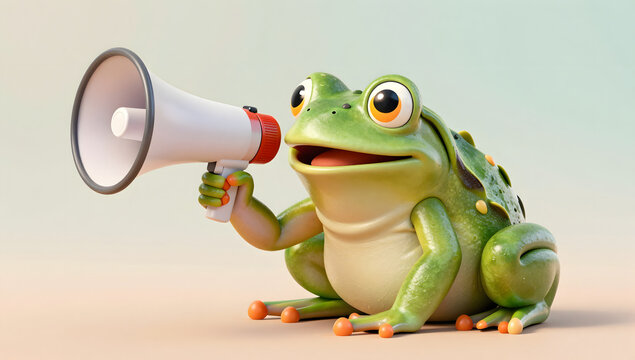 Cartoon Frog with Megaphone: A charming cartoon frog with wide eyes and a bright green body holds a white megaphone, appearing to announce something with enthusiasm.